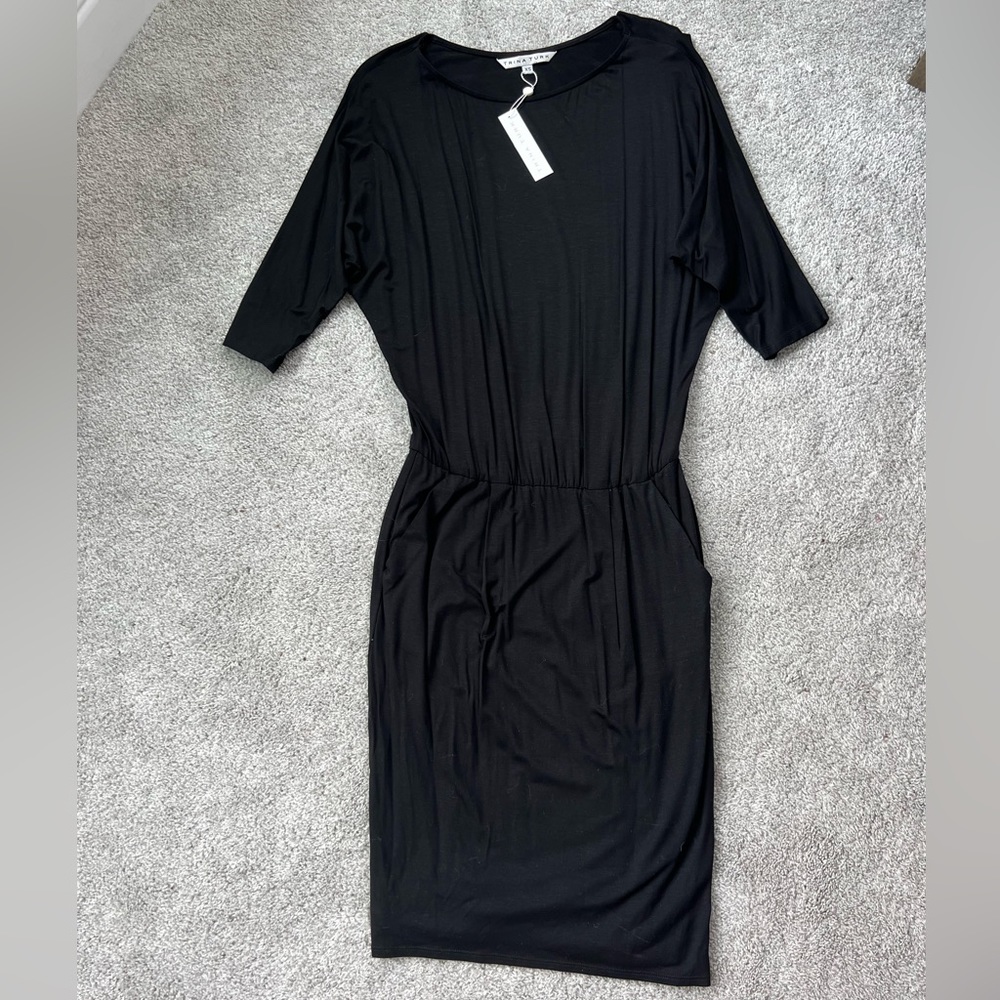 Trina Turk Black A Line Dress 3/4 Sleeve, Fitted Skirt with Pockets Size XS